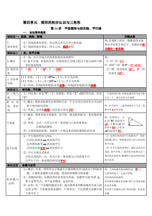北师大版九年级数学下册 第14讲 平面图形与相交线、平行线1 知识点梳理