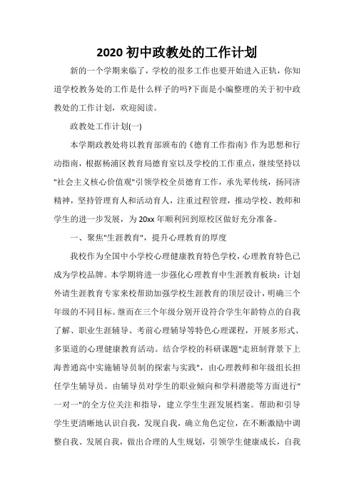 工作计划范文 2020初中政教处的工作计划
