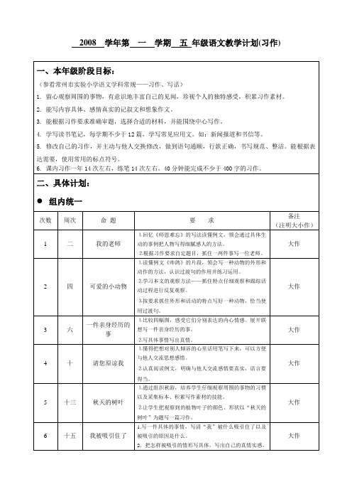 2008 学年第 一 学期 五 年级语文教学计划(习作)