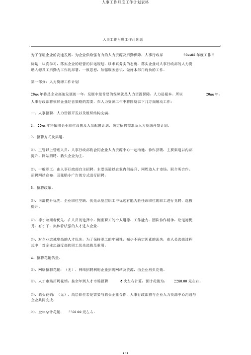 人事工作月度工作计划表格
