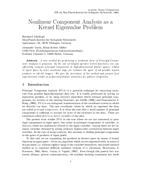 Nonlinear component analysis as a Kernel eigenvalue problem