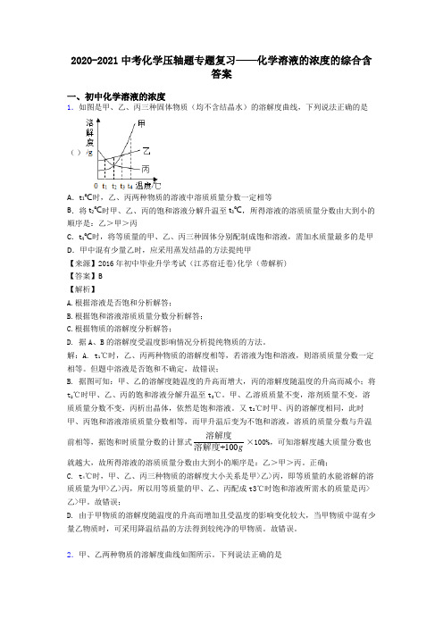 2020-2021中考化学压轴题专题复习——化学溶液的浓度的综合含答案