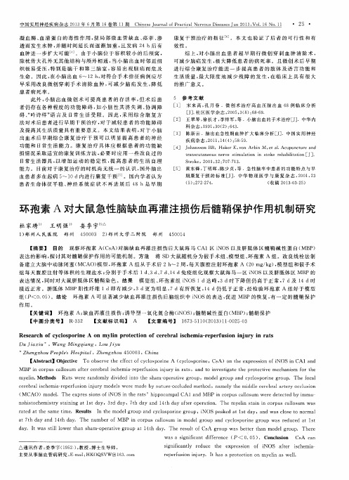 环孢素A对大鼠急性脑缺血再灌注损伤后髓鞘保护作用机制研究