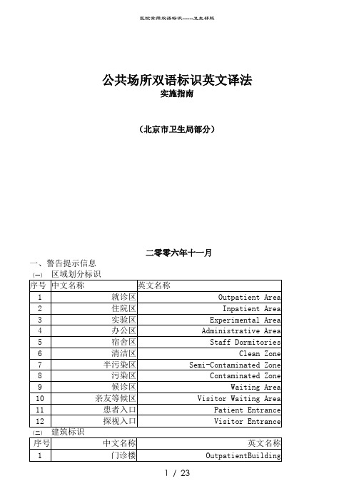 医院常用双语标识卫生部版