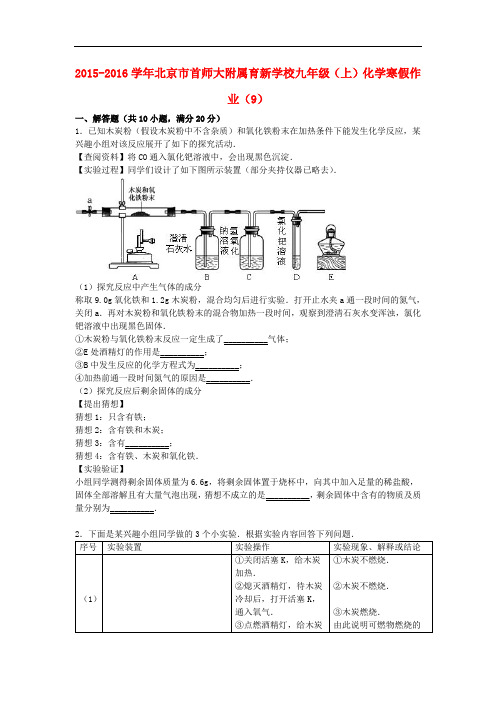 北京市首师大附属育新学校2019届九年级化学上学期寒假作业(9)(含解析) 新人教版