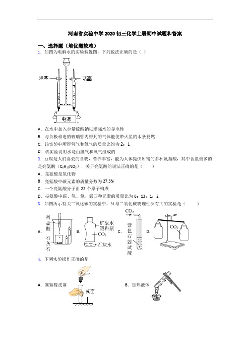河南省实验中学2020初三初三化学上册期中试题和答案