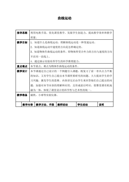 人教版必修2物理：5.1 曲线运动  教案设计