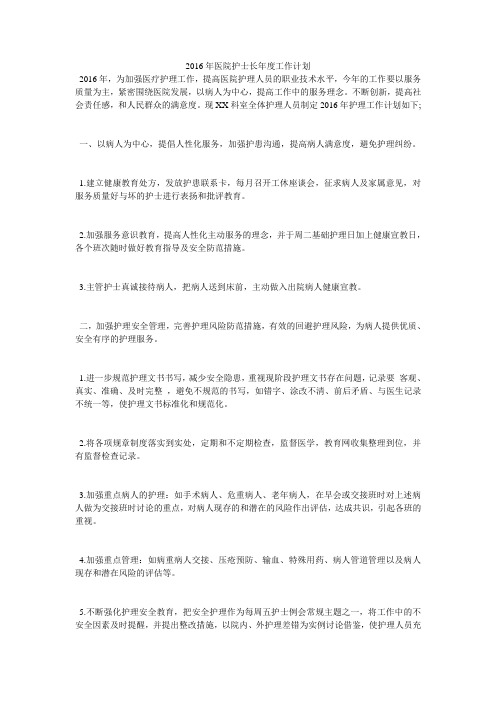2016年医院护士长年度工作计划