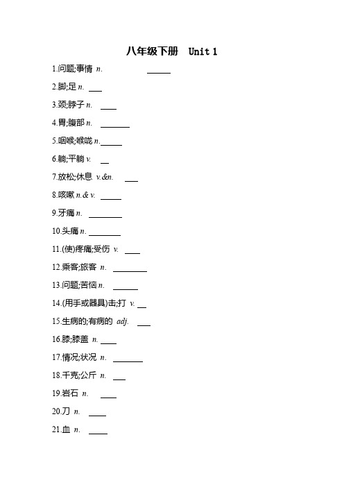 2023年中考英语总复习八年级下册Units 1核心词汇默写清单含答案