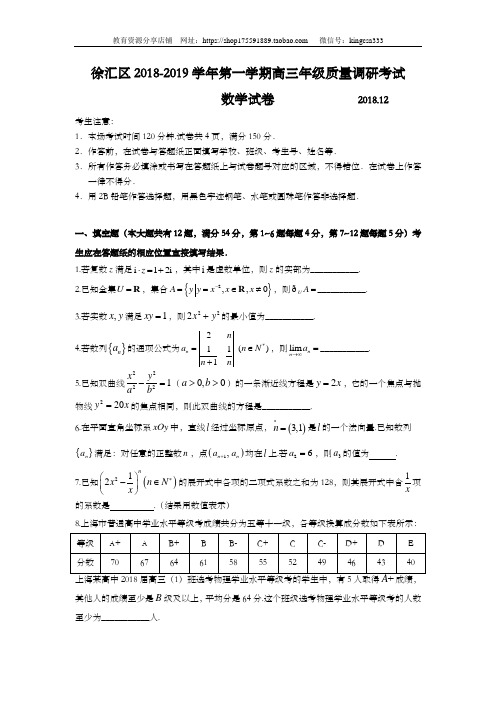 上海市徐汇区2019年高三第一学期期末(一模)学科质量检测数学试题及答案(word版)