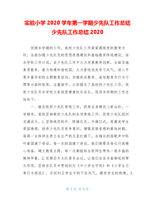 实验小学2020学年第一学期少先队工作总结少先队工作总结2020