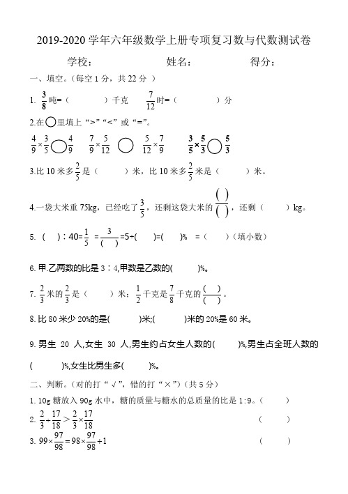 六年级上册数学—专项复习数与代数测试卷_2019-2020学年上学期
