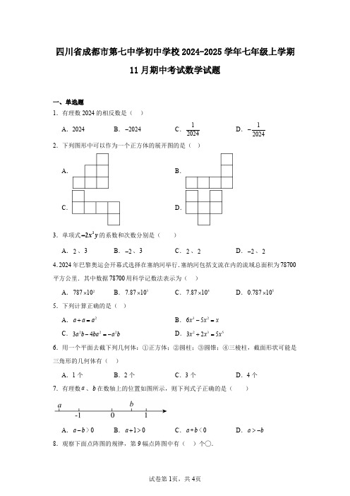 四川省成都市第七中学初中学校2024-2025学年七年级上学期11月期中考试数学试题