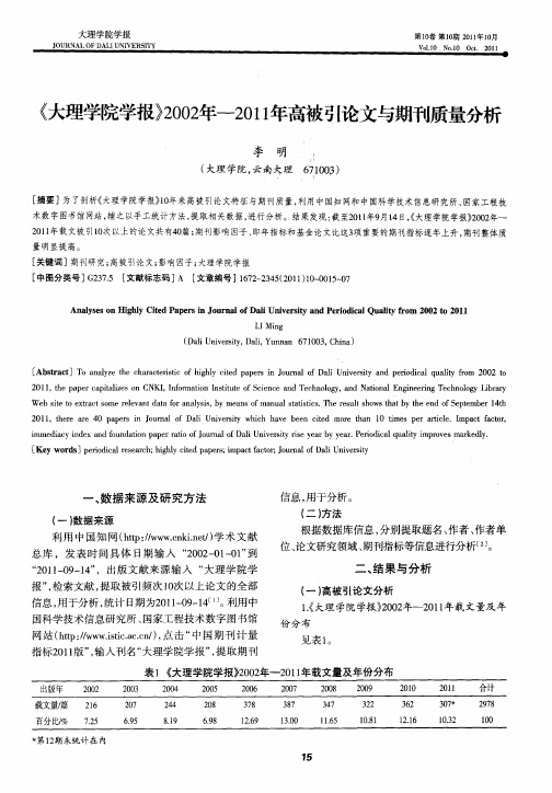 《大理学院学报》2002年-2011年高被引论文与期刊质量分析