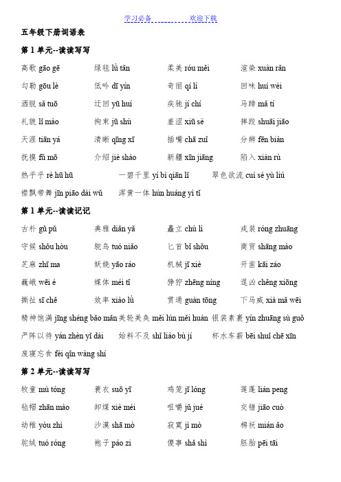 人教版小学语文五年级下册词语表(带拼音)
