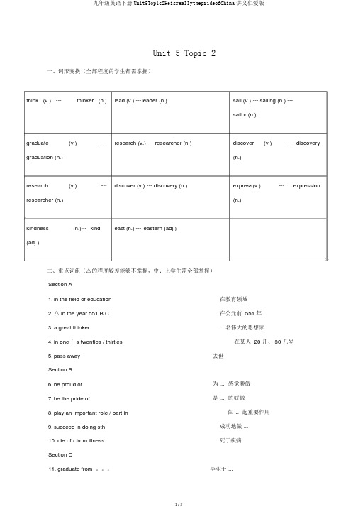 九年级英语下册Unit5Topic2HeisreallytheprideofChina讲义仁爱版