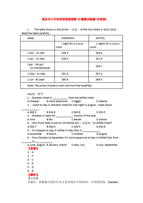 南京市小升初英语阅读理解10题篇训练题(含答案)