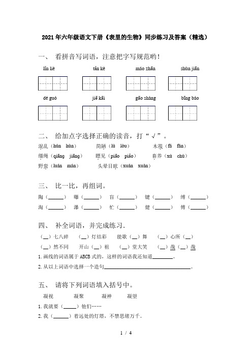 2021年六年级语文下册《表里的生物》同步练习及答案(精选)