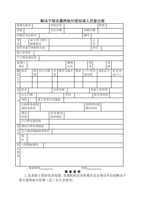 解决干部夫妻两地分居拟调人员登记表