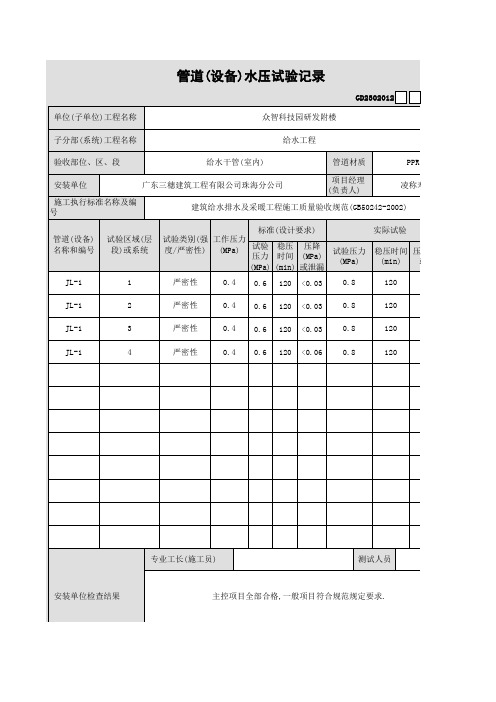 管道水压试验记录