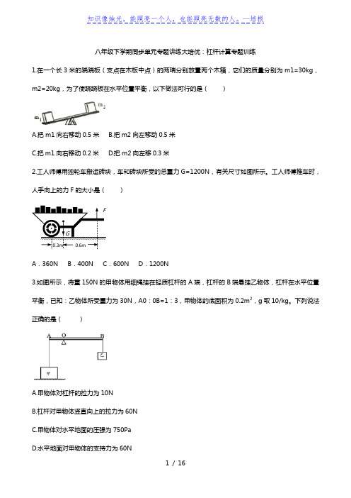 2019-2020学年人教版八年级下学期同步单元专题讲练大培优：杠杆计算专题训练