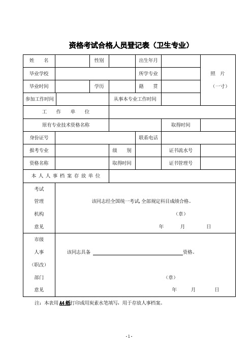 资格考试合格人员登记表(卫生专业)