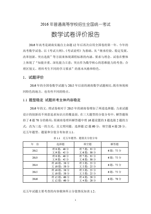 2016数学试卷评价报告