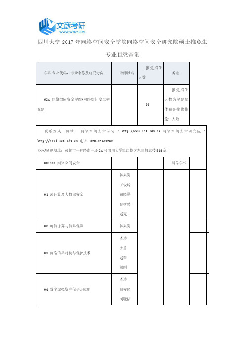 四川大学2017年网络空间安全学院网络空间安全研究院硕士推免生专业目录查询
