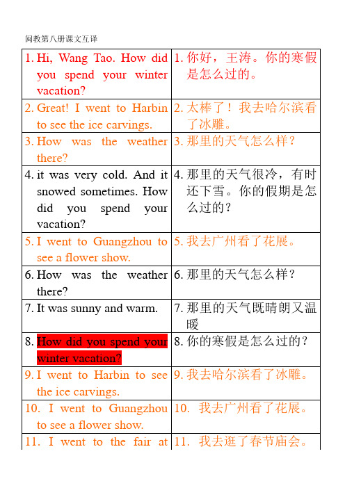 闽教版小学英语第八册(六年级下册用)课文英汉互译