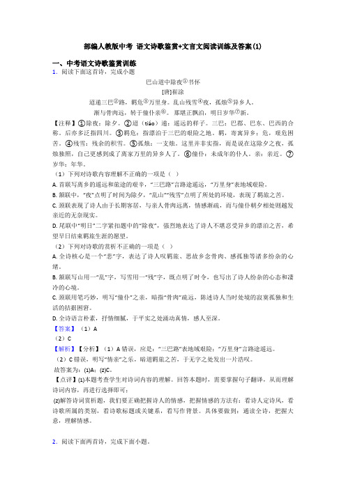 部编人教版中考 语文诗歌鉴赏+文言文阅读训练及答案(3)