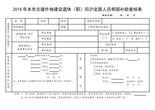 2018年本市支援外地建设退休(职)回沪定居人员帮困补助复核表