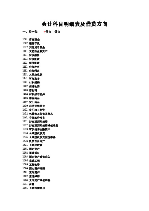 (完整word版)会计科目明细表及借贷方向