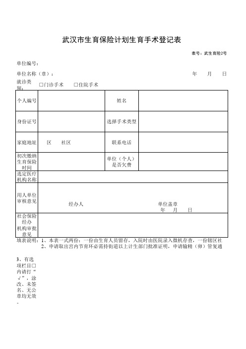 武汉市生育保险计划生育手术登记表