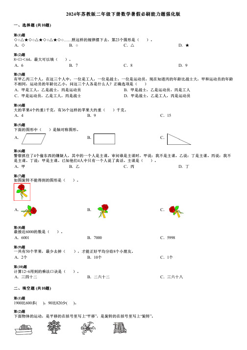 2024年苏教版二年级下册数学暑假必刷能力题强化版