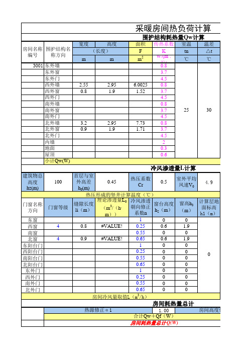 房间采暖热负荷计算表