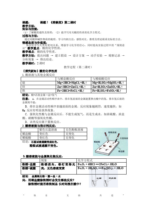 酸的化学性质 初中九年级化学教案教学设计课后反思 人教版
