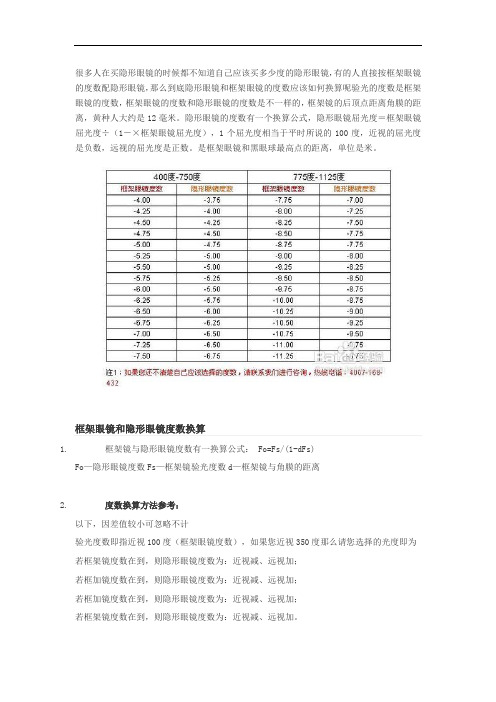 框架眼镜和隐形眼镜度数换算