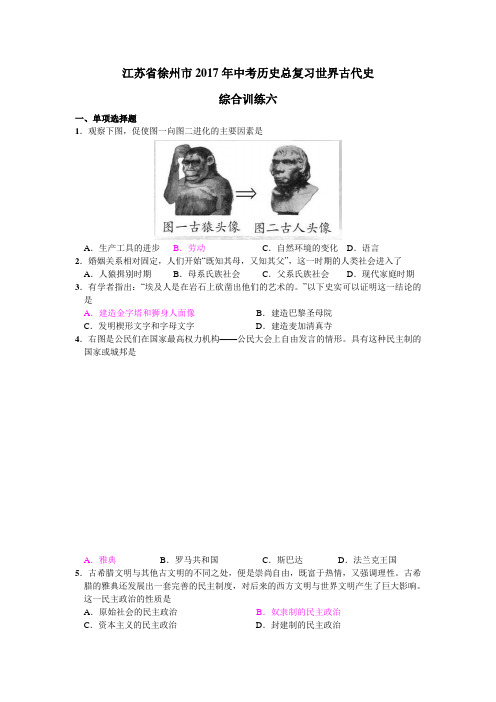 江苏省徐州市2017年中考历史总复习世界古代史综合训练六(含答案)