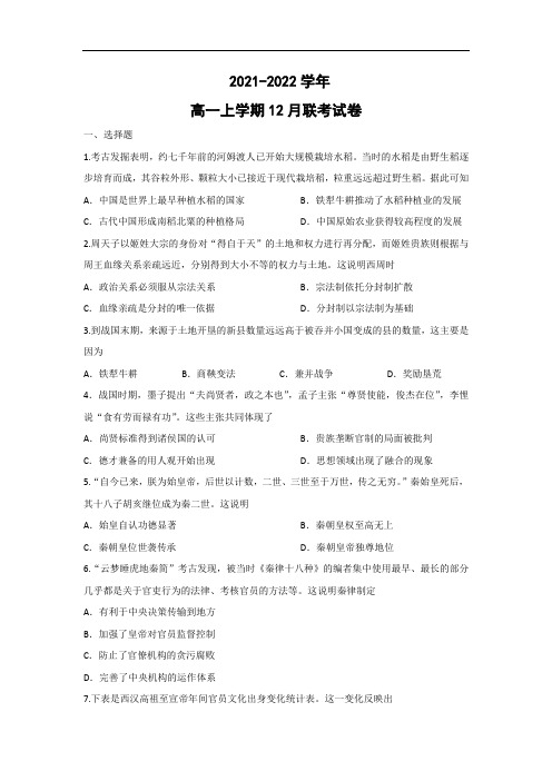 【历史】 高一上学期12月联考试卷 