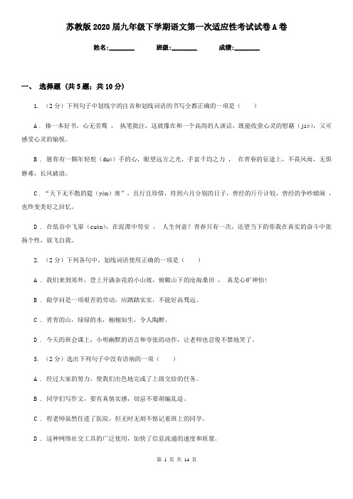 苏教版2020届九年级下学期语文第一次适应性考试试卷A卷