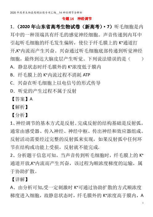 高考生物真题模拟题专项汇编__14神经调节含解析