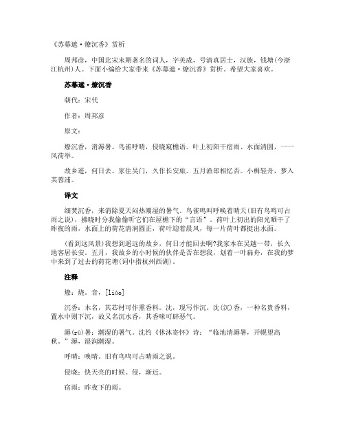 《苏幕遮·燎沉香》赏析