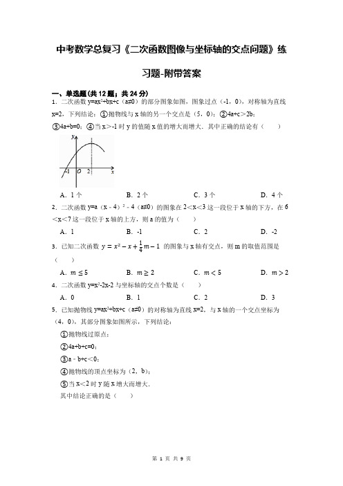 中考数学总复习《二次函数图像与坐标轴的交点问题》练习题-附带答案