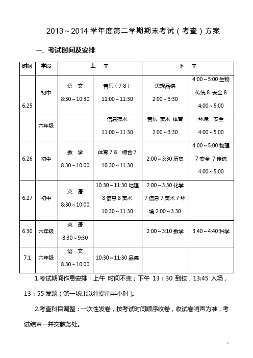 2013-2014第二学期期末考试安排