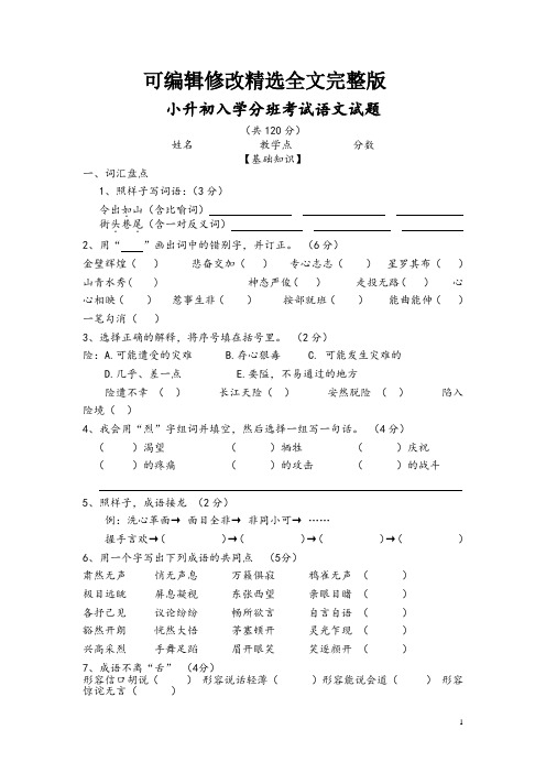 小升初入学分班考试语文试题精选全文完整版