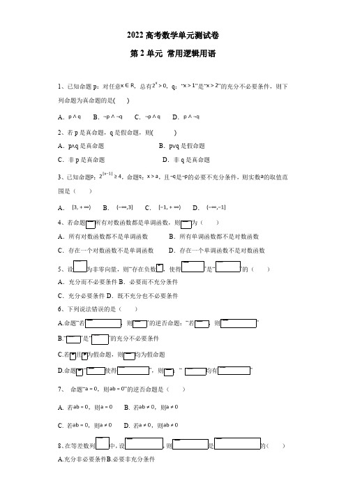 2022高考数学(人教A版)单元测试卷——第2单元 常见逻辑用语(含答案)