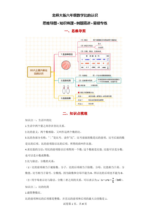 北师大版六年级数学比的知识点：思维导图+知识梳理+例题精讲+易错专练