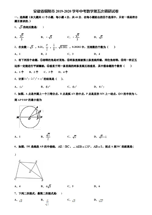 安徽省铜陵市2019-2020学年中考数学第五次调研试卷含解析