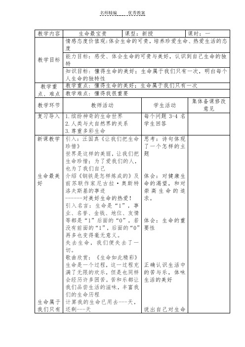 鲁人版道德与法治七年级下册15.2《生命最宝贵》word教案