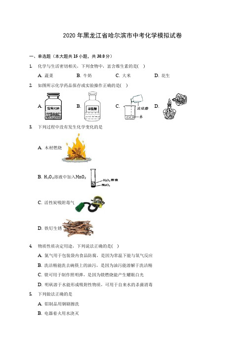 2020年黑龙江省哈尔滨市中考化学模拟试卷(含答案解析)